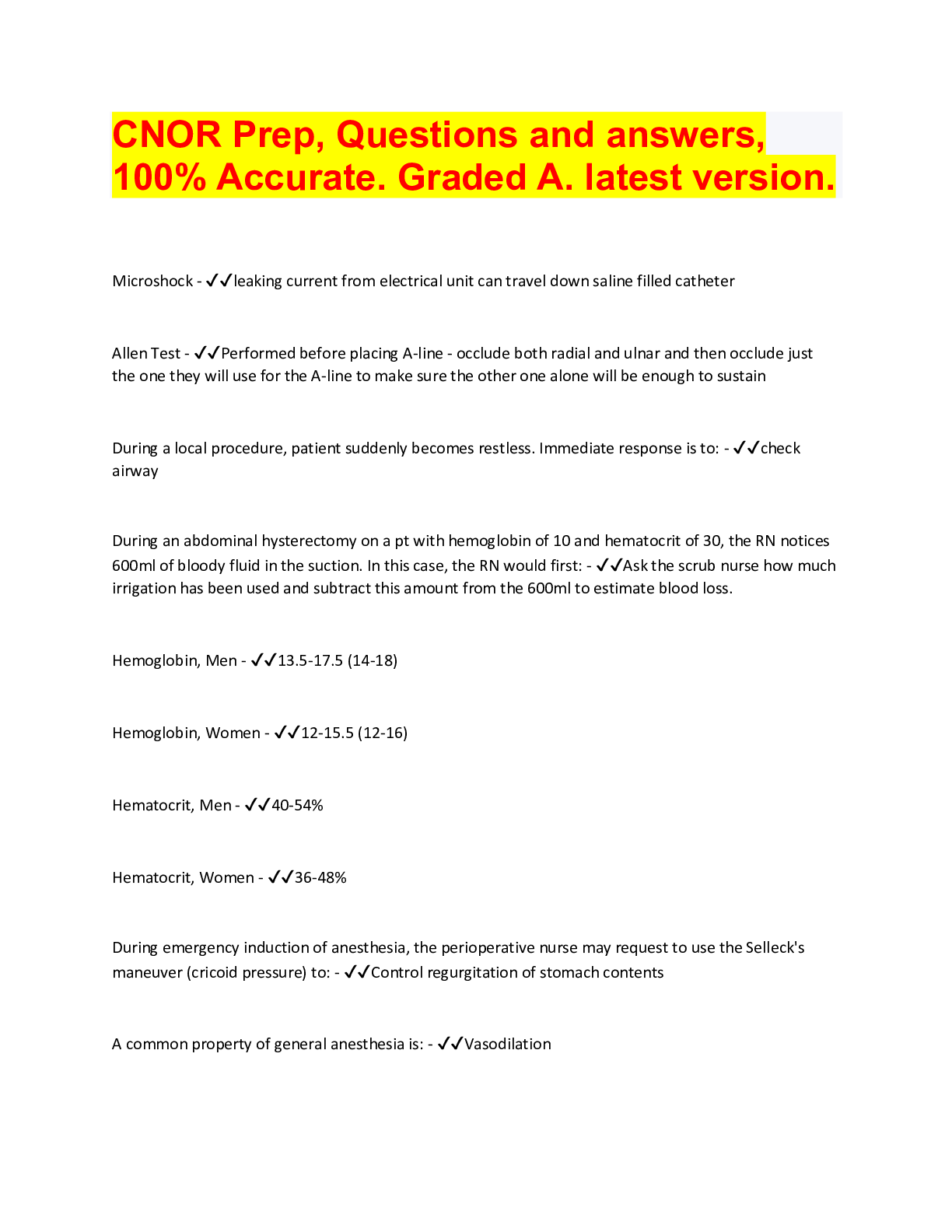 Preview image for CNOR Prep, Questions and answers,  100% Accurate. Graded A. latest version. Microshock - ✔✔leaking current from ele
